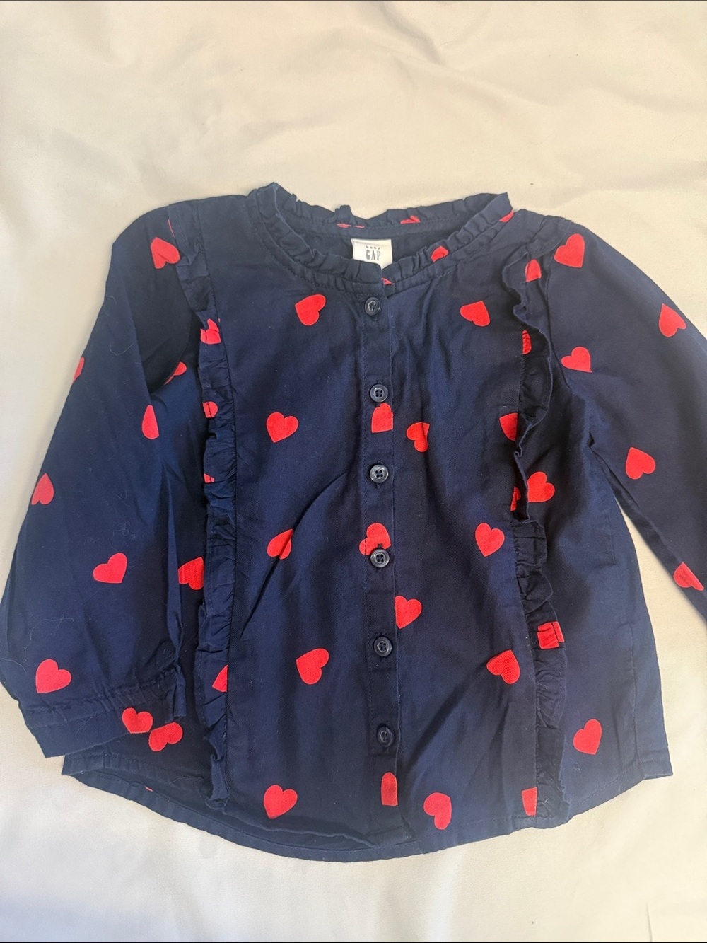 GAP Navy Blue Button-Front Top with Red Heart Print and Ruffle Trim